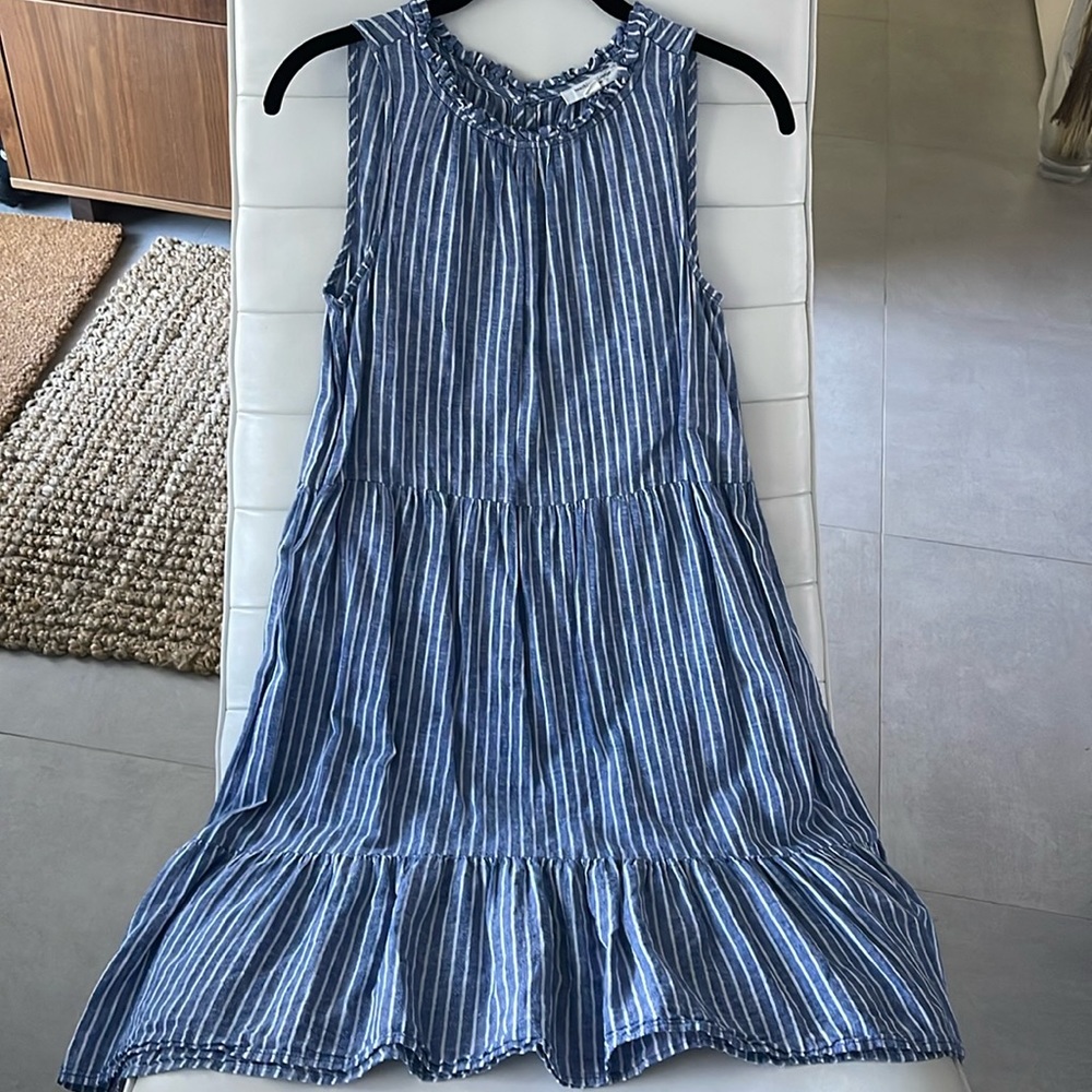 Women XS Stripe midi dress ruffle loose fit 3/4 long tiered striped fabric